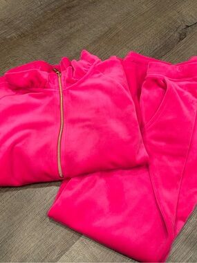 Lilly Pulitzer Skipper Ruffle Velour Popover In Pink Palms with matching joggers